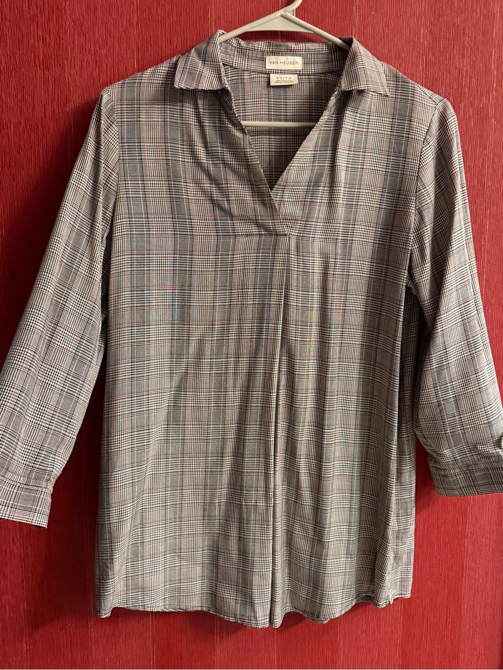 Van Heusen Black and Gray Plaid V-Neck Button-Front Shirt